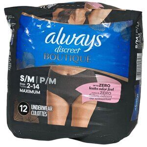 Always Discreet Boutique Underwear S/M 2-14 Maximum Absorbency Black Pack Of 12